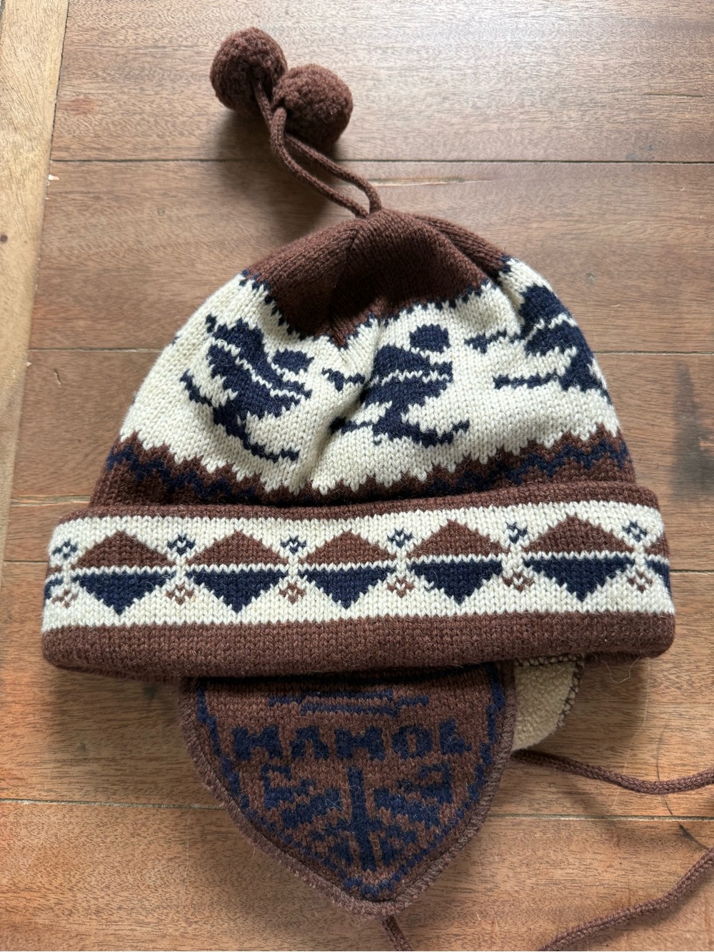 Shetland Wool Blend Pom-Pom Chullo Knit Winter Hat with Earflaps Lined